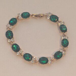 Vintage Green Glass Cabochon Clear Glass Stones Gold Tone Bracelet